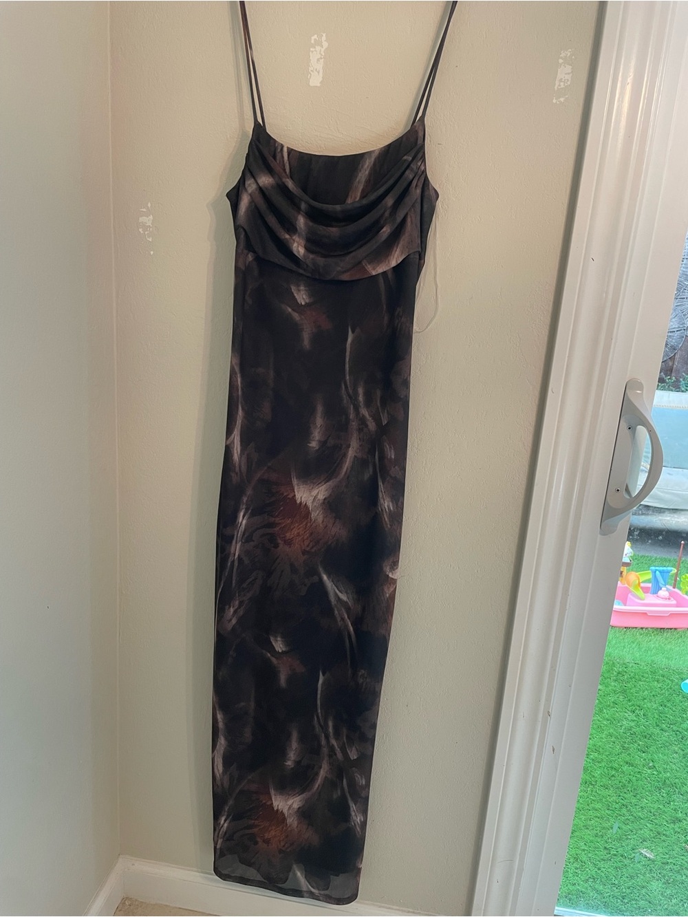 Cowl-Neck Maxi Slip Dress in Black and Brown Abstract